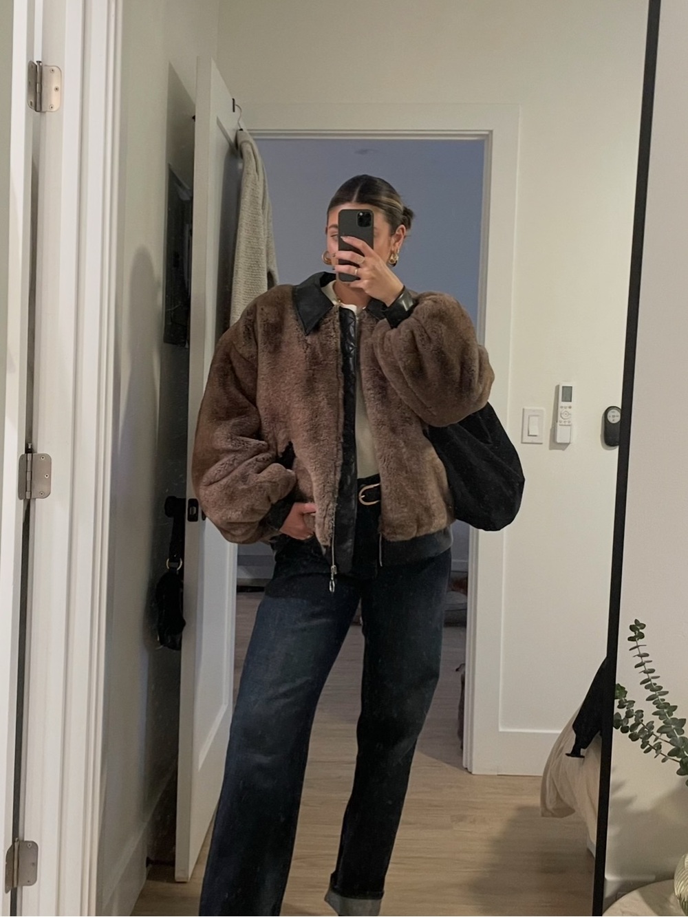 WeWoreWhat Brown Faux Fur Bomber Jacket with Black Trim